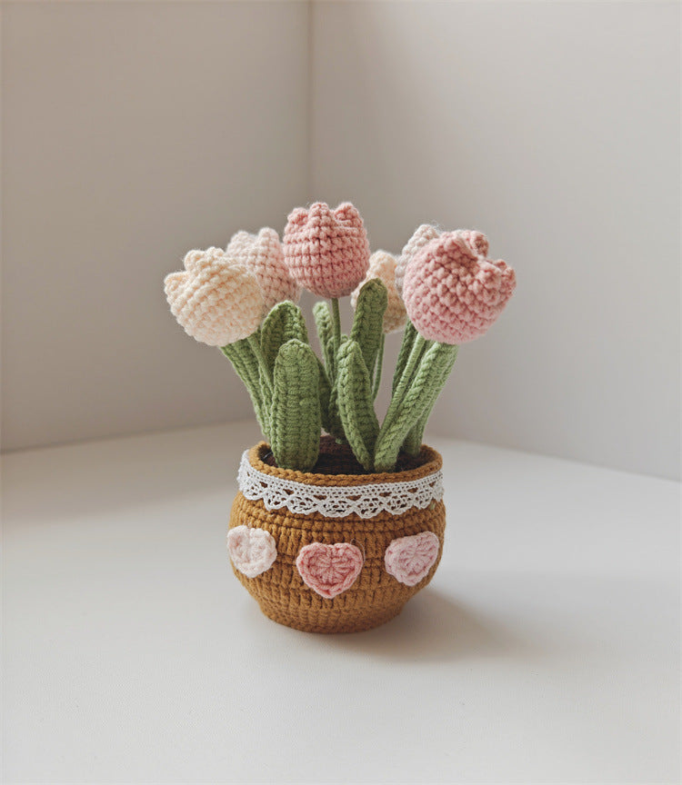 Handmade Knitted Tulip Pot – Crochet Yarn Flower Desk Decor Gift