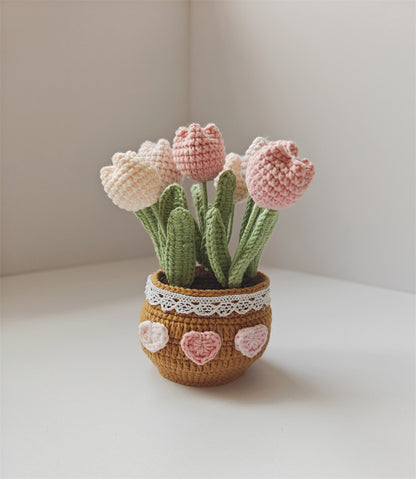 Handmade Knitted Tulip Pot – Crochet Yarn Flower Desk Decor Gift
