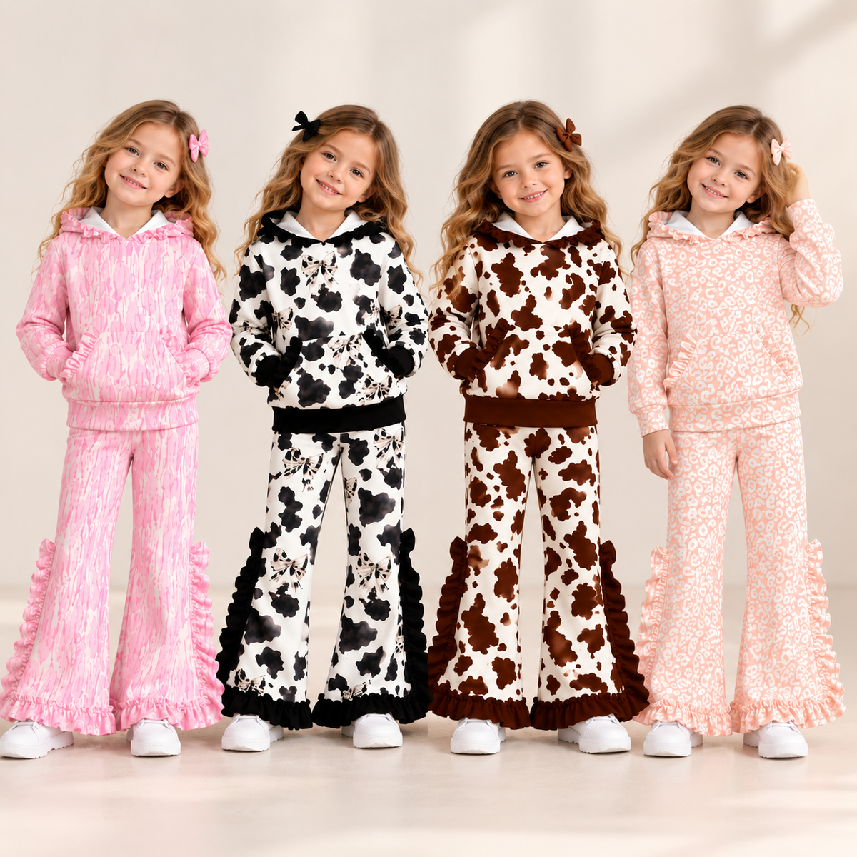 Girls Fall Winter Ruffle Hoodie & Flare Pants Set – Cow Print Leopard Pattern Long Sleeve Two-Piece Outfit