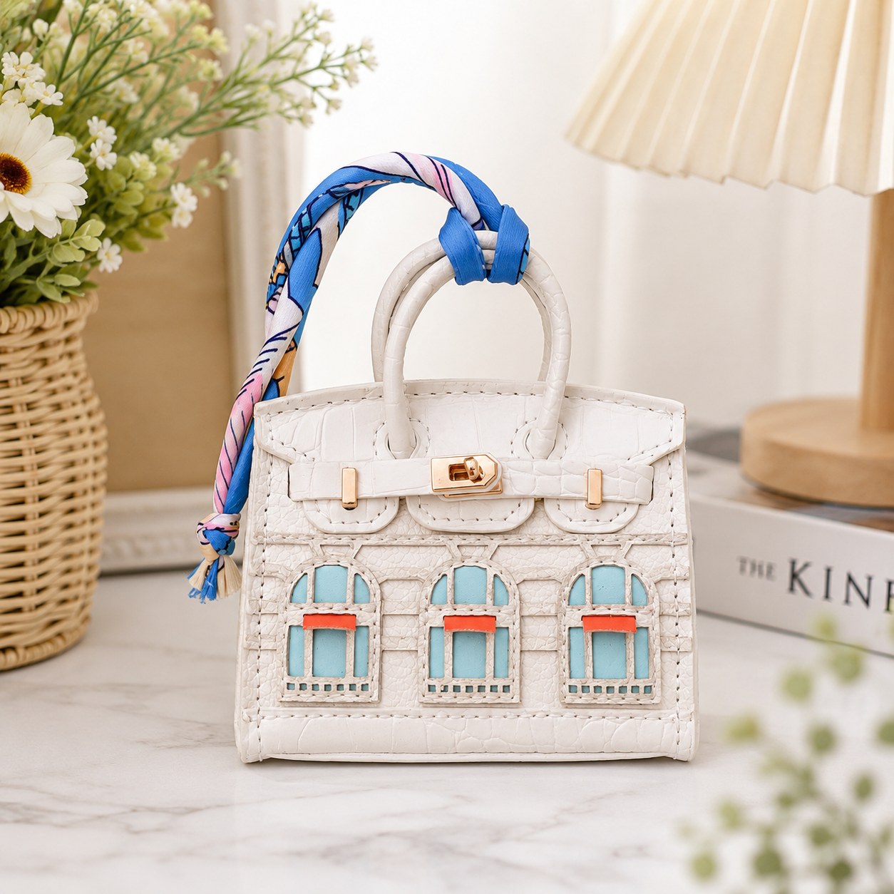 Mini House Bag Charm with Scarf – Faux Leather Coin Purse & Earbud Pouch