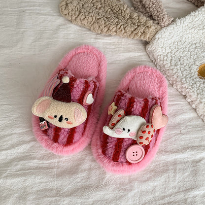 Kids Plush Slippers Winter Cartton Stuffed Doll Stripe Unisex Cozy Non-Slip  Slide Mule Slippers