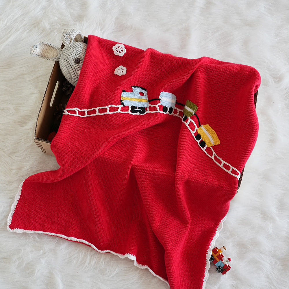 Classic Knitted Baby Blanket – Red Cotton Baby Blanket with Train Embroidery