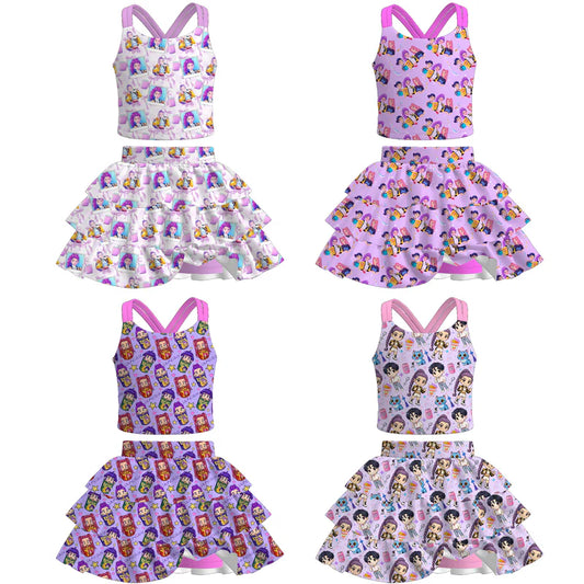 Girls Summer K-Pop Demon Hunter Printed Skort Set Collection