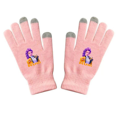 K-Pop Demon Hunters Kids Gloves for Boys and Girls Warm Dopamine Style Knitted Printed Gloves for Fall and Winter