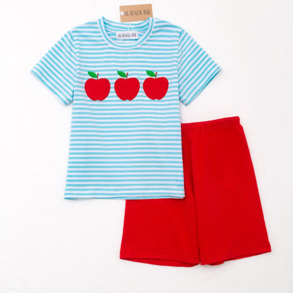 Boys Back To School Apple Applique Cotton Short Set