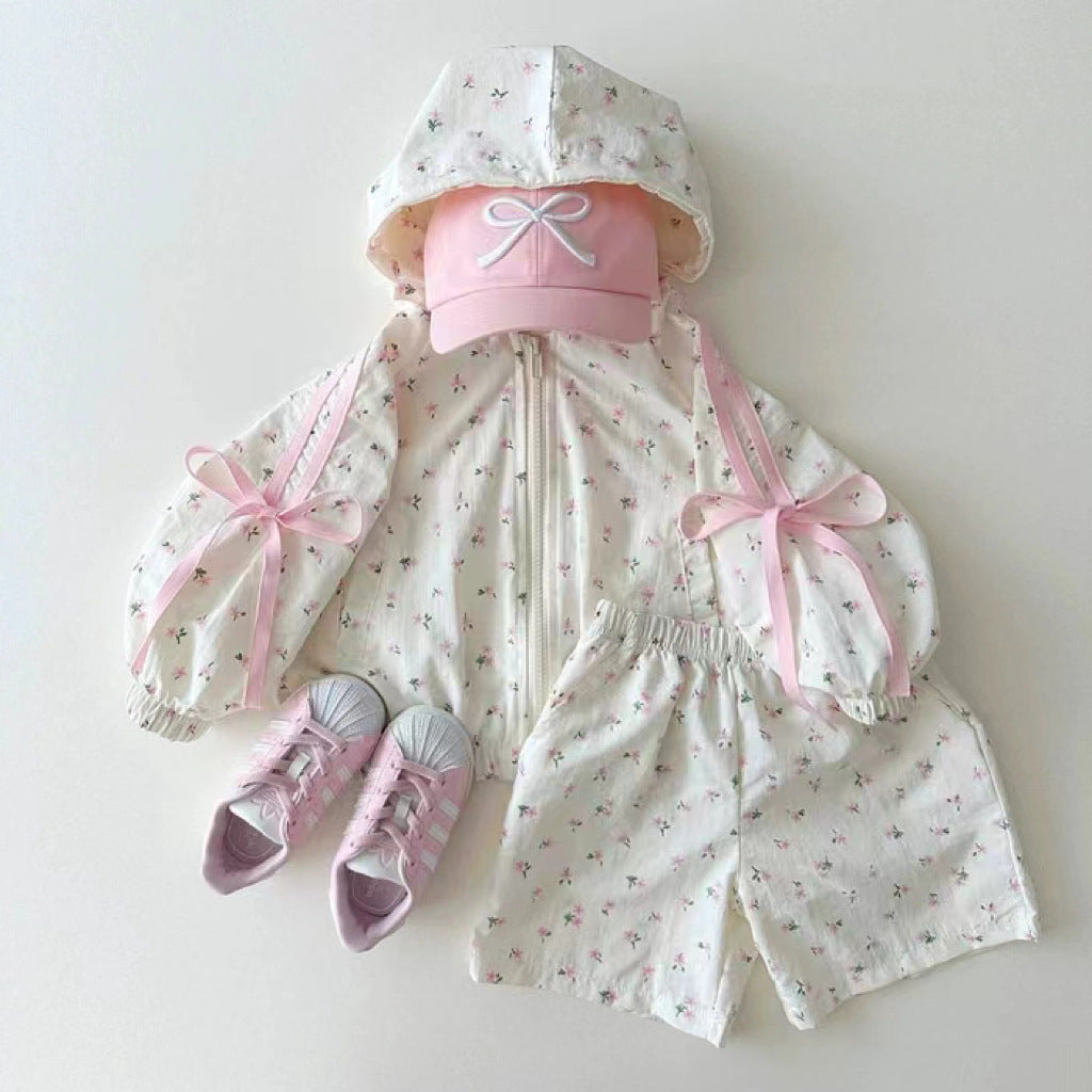 Girls Cotton Hooded Jacket & Shorts Set – Bow Detail Two-Piece Outfit, Floral or Navy
