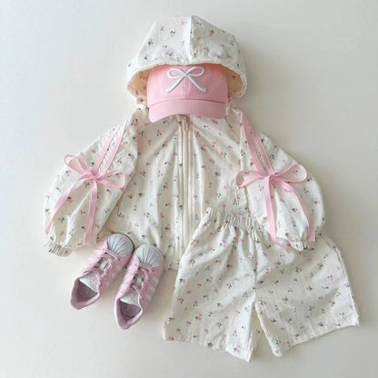 Girls Cotton Hooded Jacket & Shorts Set – Bow Detail Two-Piece Outfit, Floral or Navy