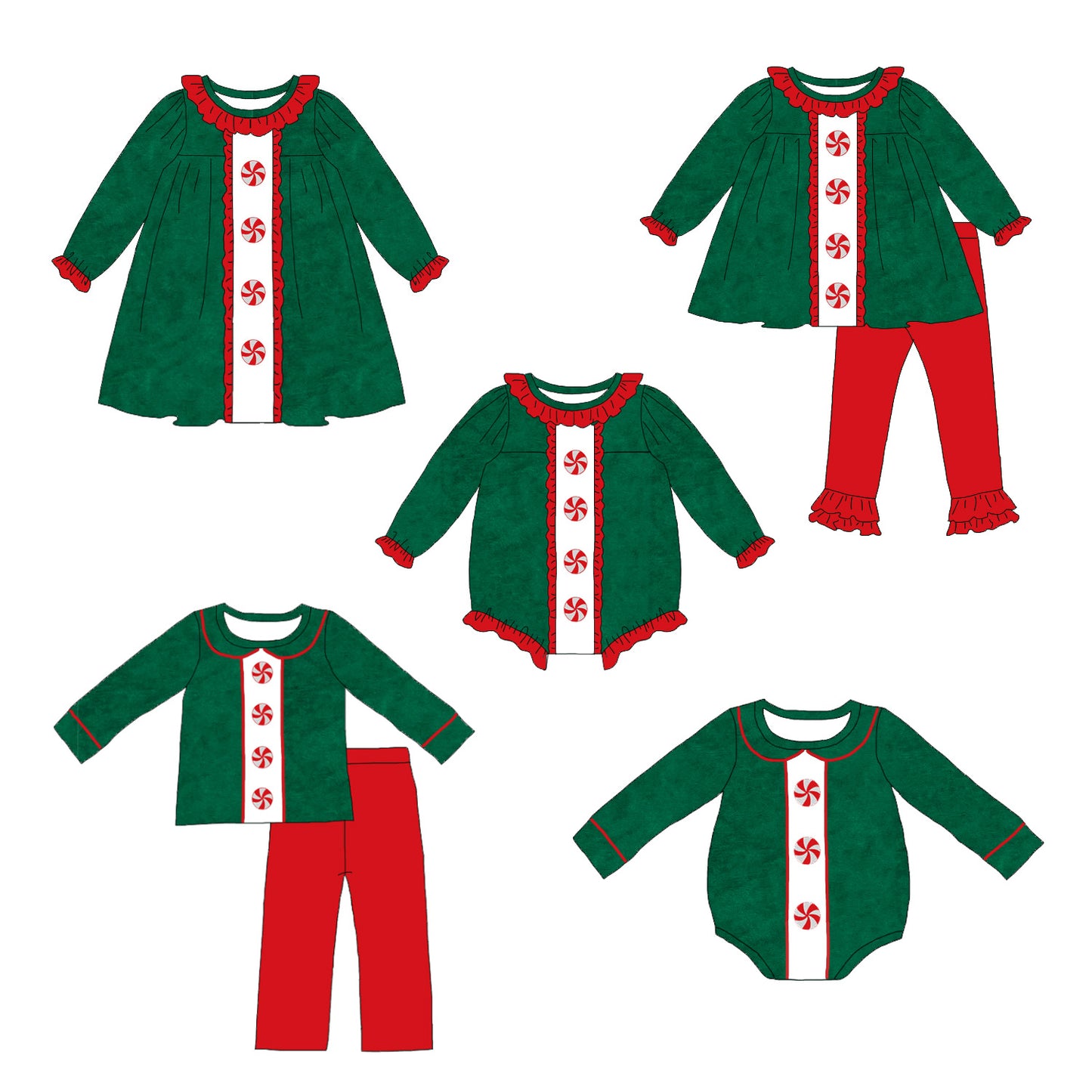Kids Christmas Green Corduroy Sibling Set with Peppermint Embroidery