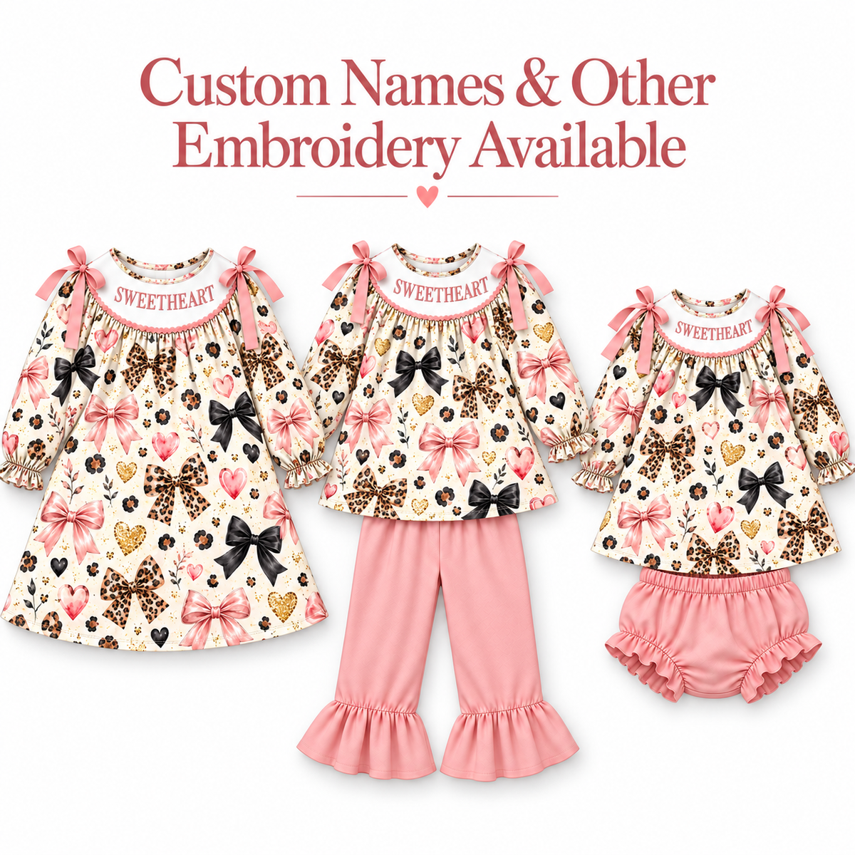 Personalized Girls Valentine's Day Bow & Leopard Print Smocked Outfits – Custom Name Embroidery Dress, Ruffle Pants Set & Baby Bloomer Set