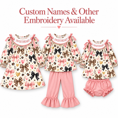 Personalized Girls Valentine's Day Bow & Leopard Print Smocked Outfits – Custom Name Embroidery Dress, Ruffle Pants Set & Baby Bloomer Set