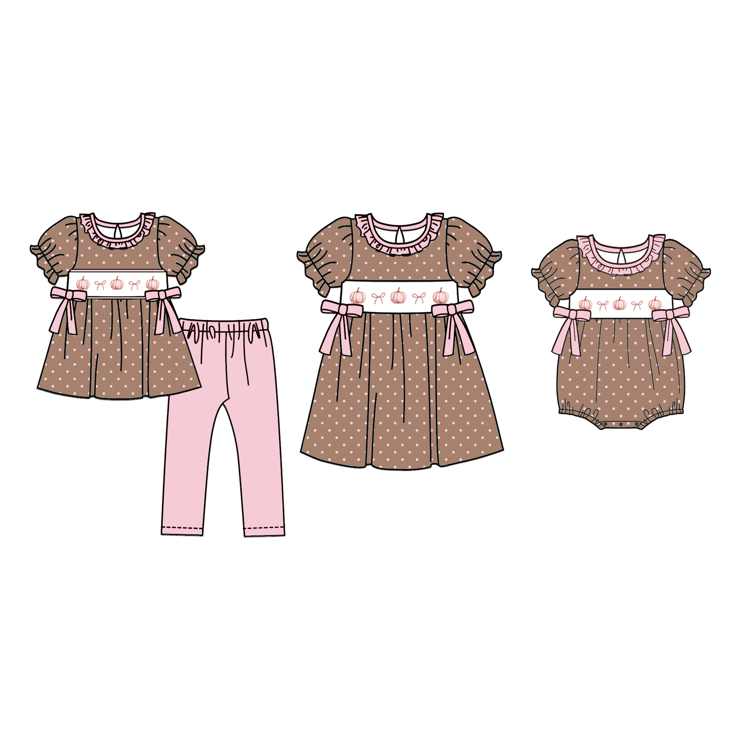 Fall Pumpkin Smocked Embroidered Girls Matching Collection – Dress, Pants Set & Baby Romper