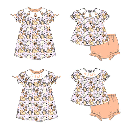 Girls Halloween Pumpkin Smocked Embroidery Custom Name Dress & Baby Set