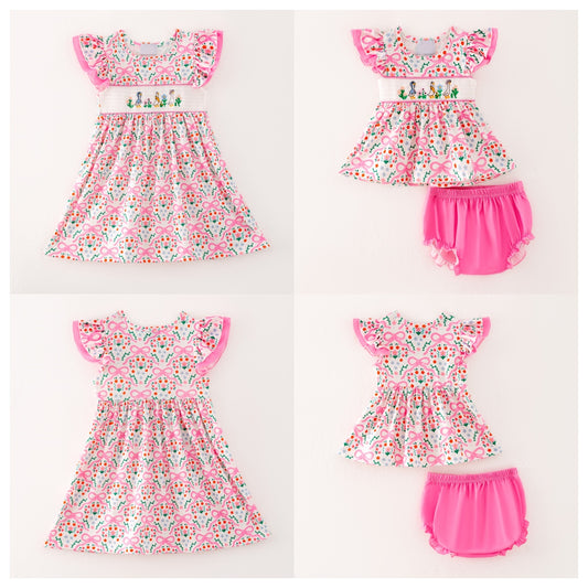 Girls Summer Pink Floral Silly Goose Embroidery Smock Clothes