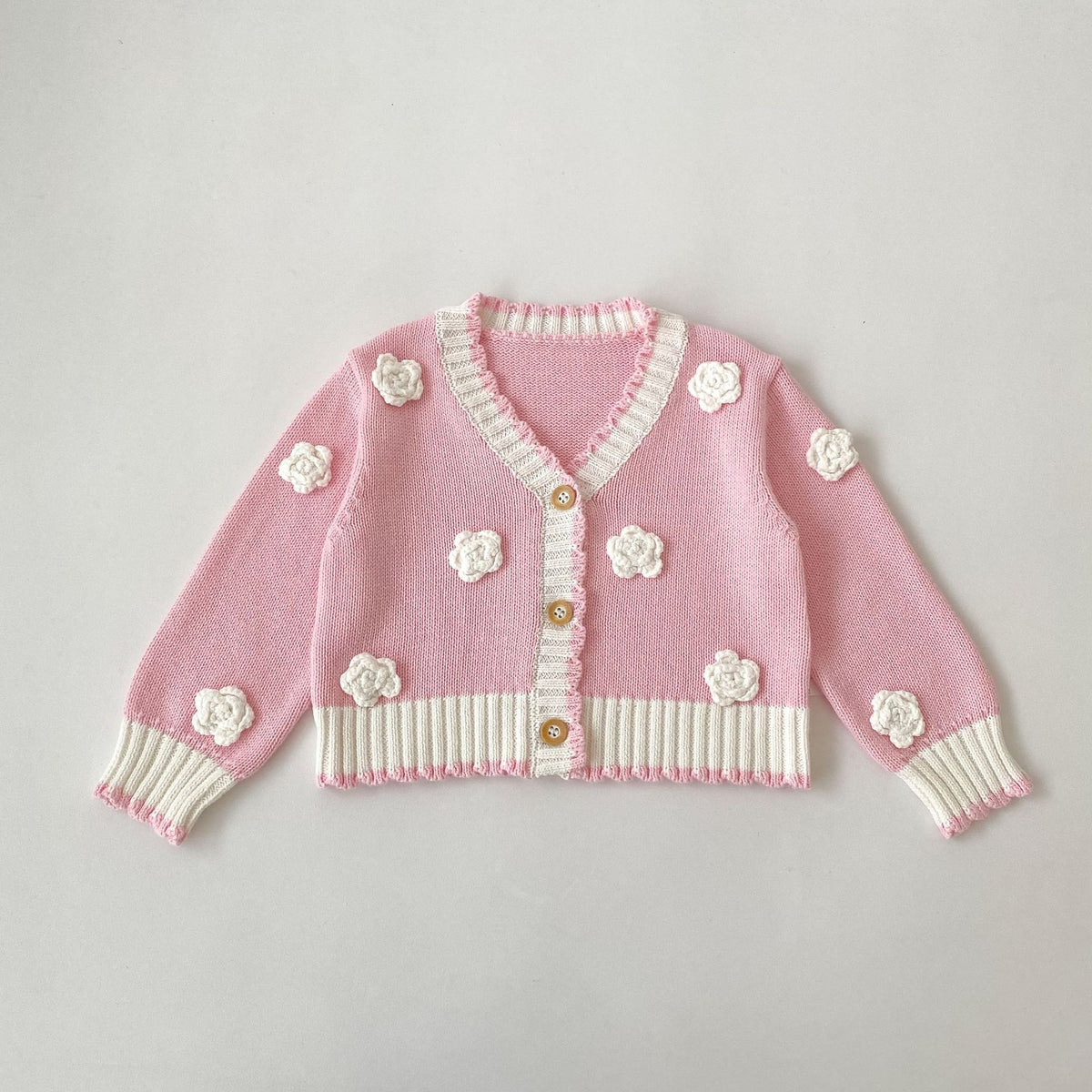 Girls Floral Knit Cardigan – 3D Crochet Flower Button-Up Sweater with Contrast Ribbed Trim