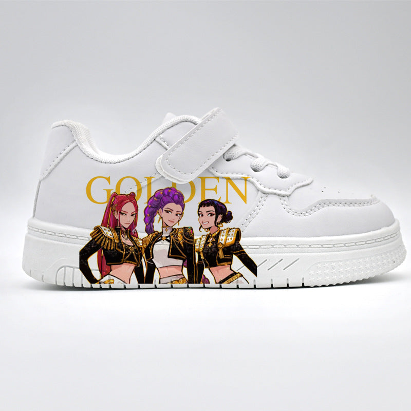 K-Pop Demon Hunter Girl Print Kids Velcro Sneakers Casual White Shoes