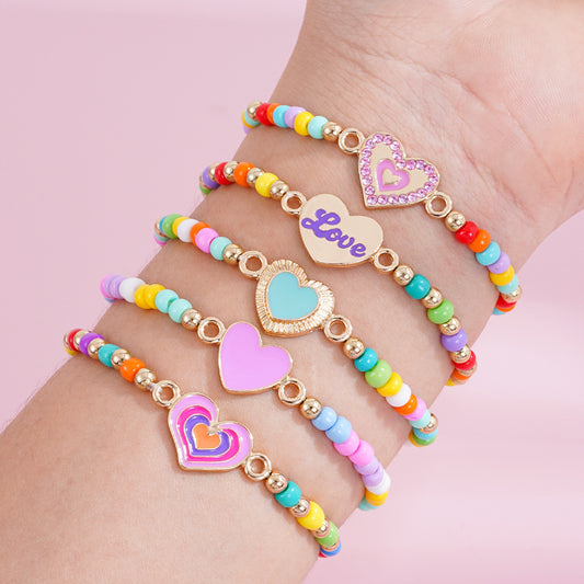 Valentine’s Day Beaded Bracelet Set for Girls – Colorful Cartoon Heart Charms