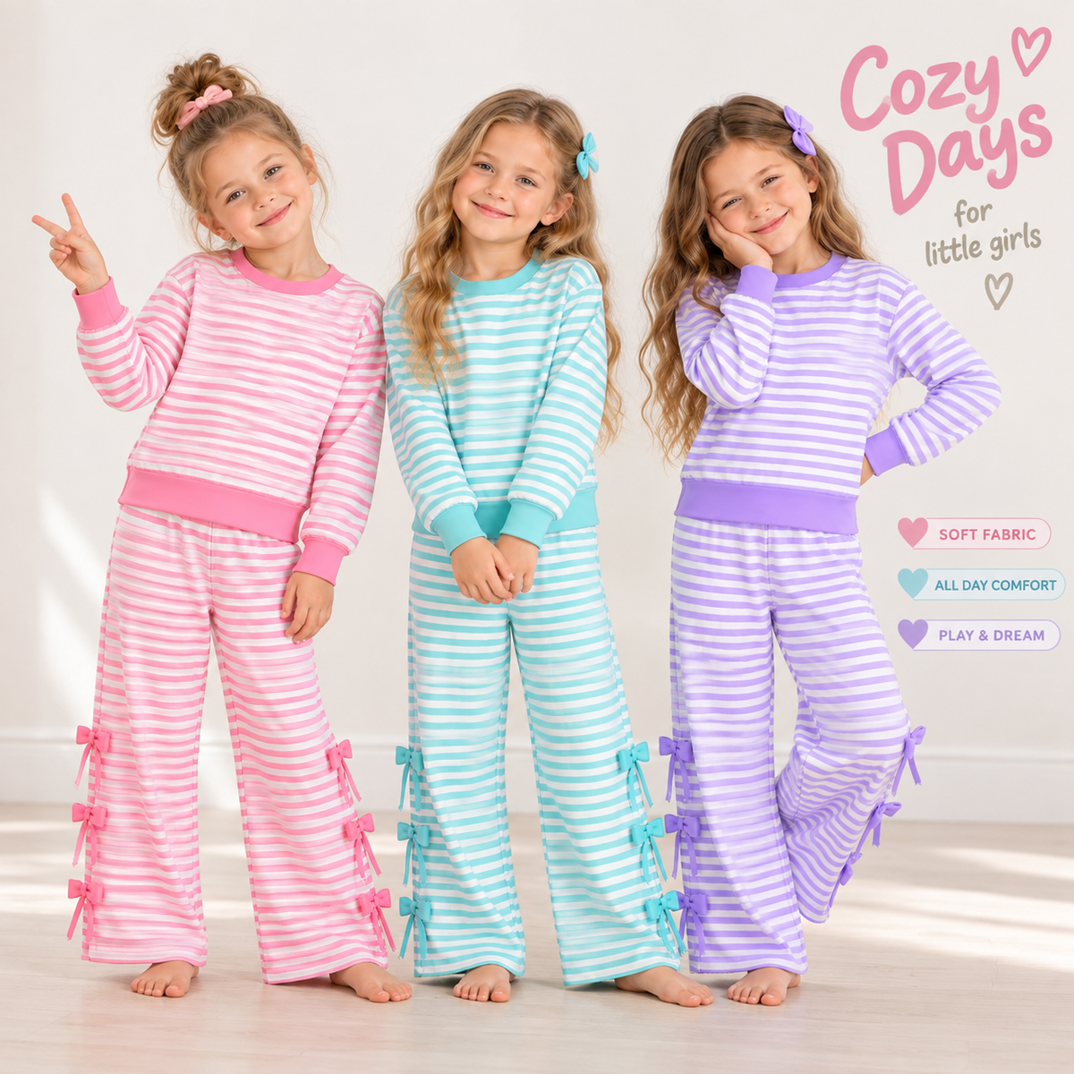 Girls Striped Bow Wide-Leg Pants Set – Long Sleeve Top & Side Bow Pants
