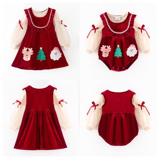 Christmas Velvet Dress & Romper Set with Embroidery – Reindeer, Tree & Santa