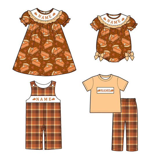 Personalized Pumpkin Pie Embroidery Collection | Custom Name Thanksgiving Dress, Bubble Romper, Jon Jon & Boys Outfit