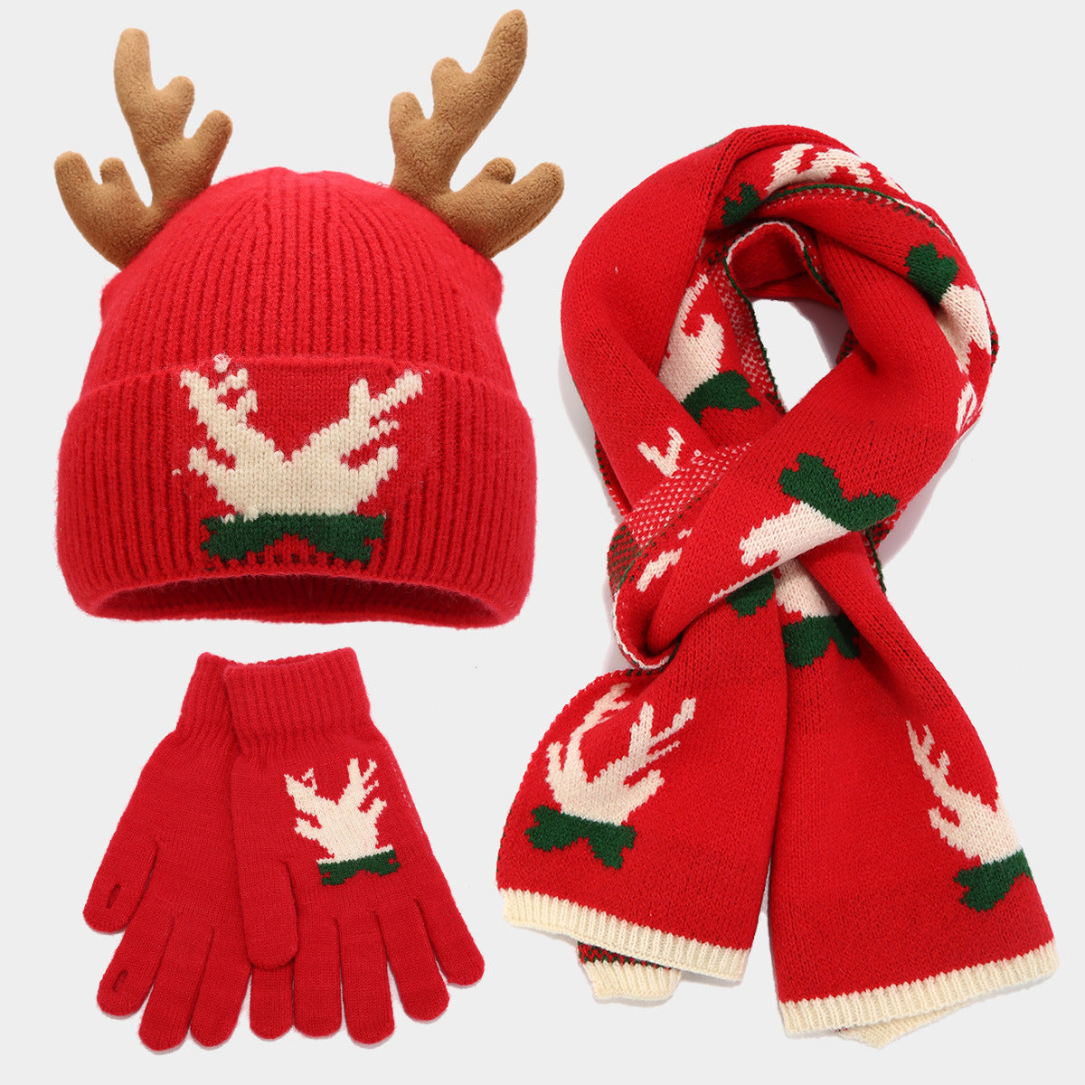 Christmas Reindeer Hat, Scarf & Gloves 3-Piece Set for Adults & Kids – Matching Family Knit Winter Accessories