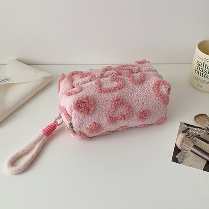 Heart-Shaped Plush Cosmetic Bag – Simple & Fresh Travel Makeup and Toiletry Pouch