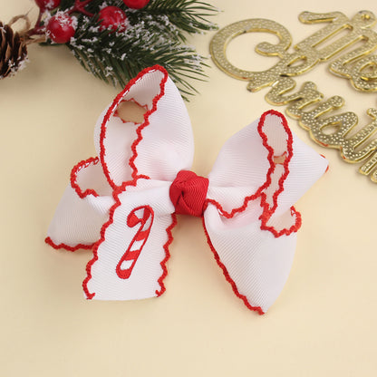Girls Christmas Embroidered Hair Bow Clips with Scalloped Edges – Festive Grosgrain Ribbon Bows, Pack of 10