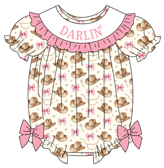 Girls DARLIN Embroidery Smock Cowboy Hat Dress & Bubble