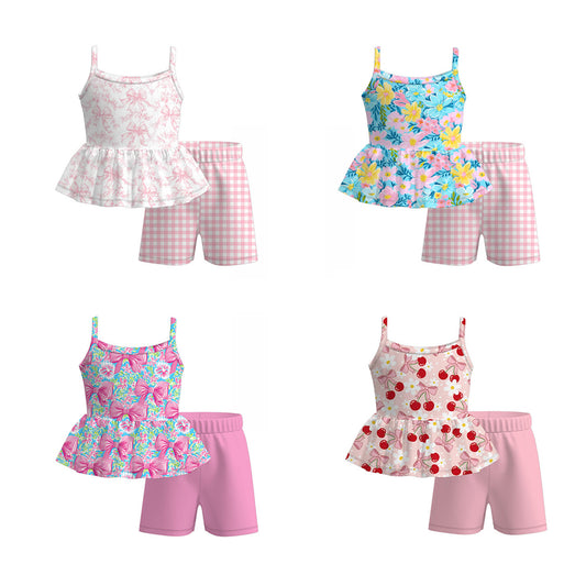 Girls Summer Bow Flower Cherry Slip Short Set