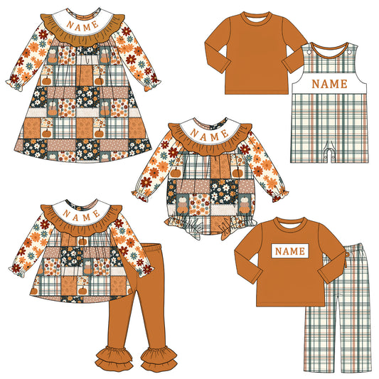 Personalized Fall Patchwork Kids Collection | Custom Name Embroidery | Boutique Dress, Romper & Boys Outfit | Autumn Harvest Clothing
