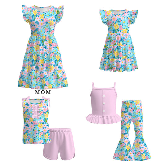 Mommy And Me Summer Pink Blue Floral Matching Dress Set