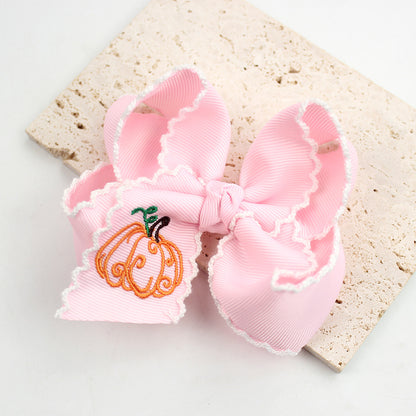 Halloween Pumpkin Embroidered Hair Bow Clips – Wavy Edge, 10 Pack