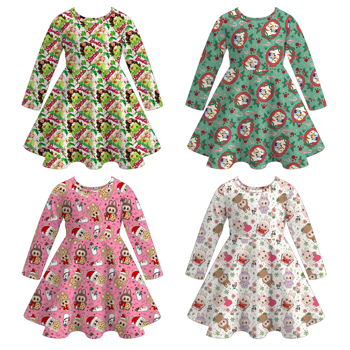 Girls 2025 Christmas Cartoon Snowman Print Soft Twirl Dress