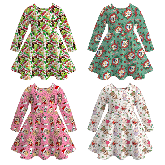 Girls 2025 Christmas Cartoon Snowman Print Soft Twirl Dress