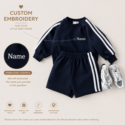 Personalized Boys Cotton 2-Piece Set | Long Sleeve Top & Shorts Outfit | Custom Name Embroidery Optional