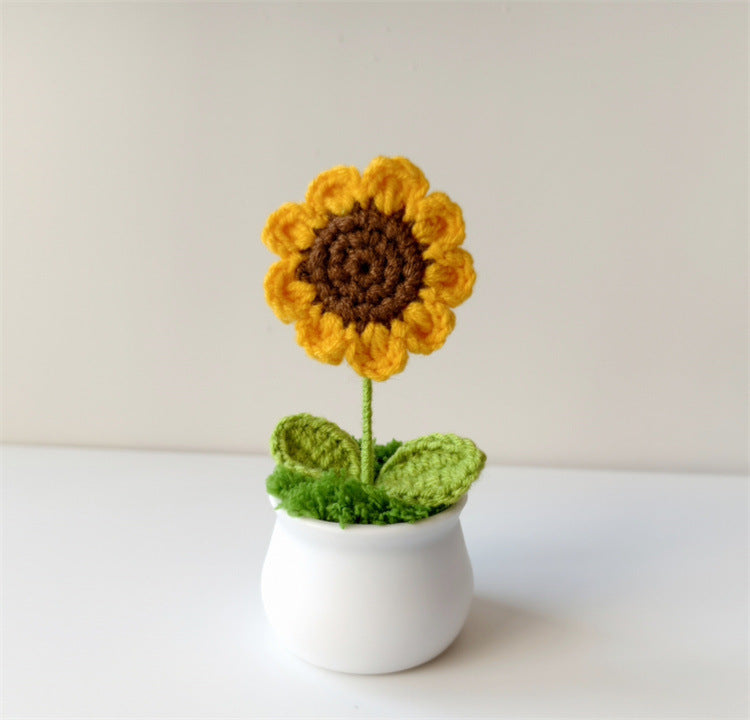 Handmade Knitted Flower Pot – Yarn Sunflower, Carnation & Tulip Desk Decor