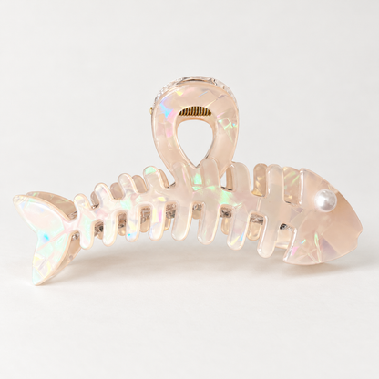 Iridescent Fishbone Hair Claw Clip – Acetate-Look Fish Skeleton Clip with Faux Pearl Eye
