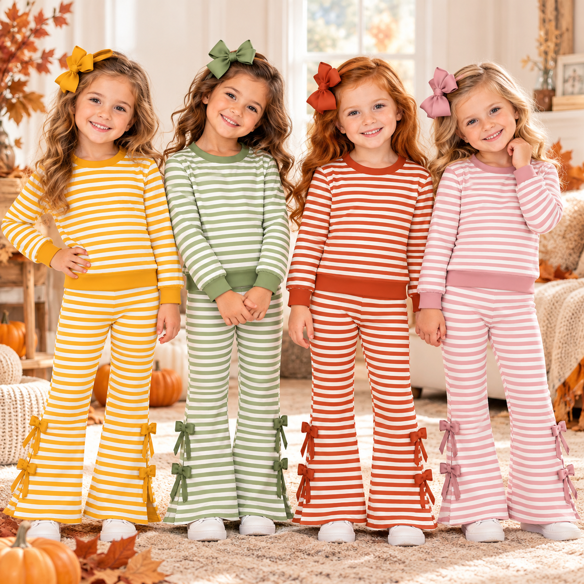 Girls Fall Winter Striped Bow Flare Pants Set – Long Sleeve Two-Piece Boutique Outfit
