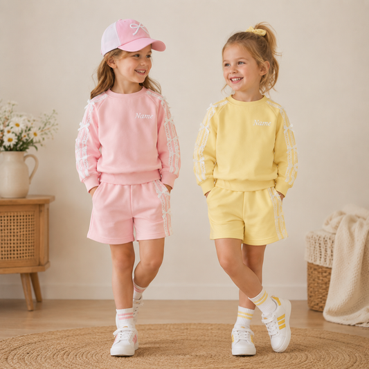 Personalized Girls Cotton 2-Piece Set | Custom Name Embroidery Long Sleeve Top & Shorts Outfit