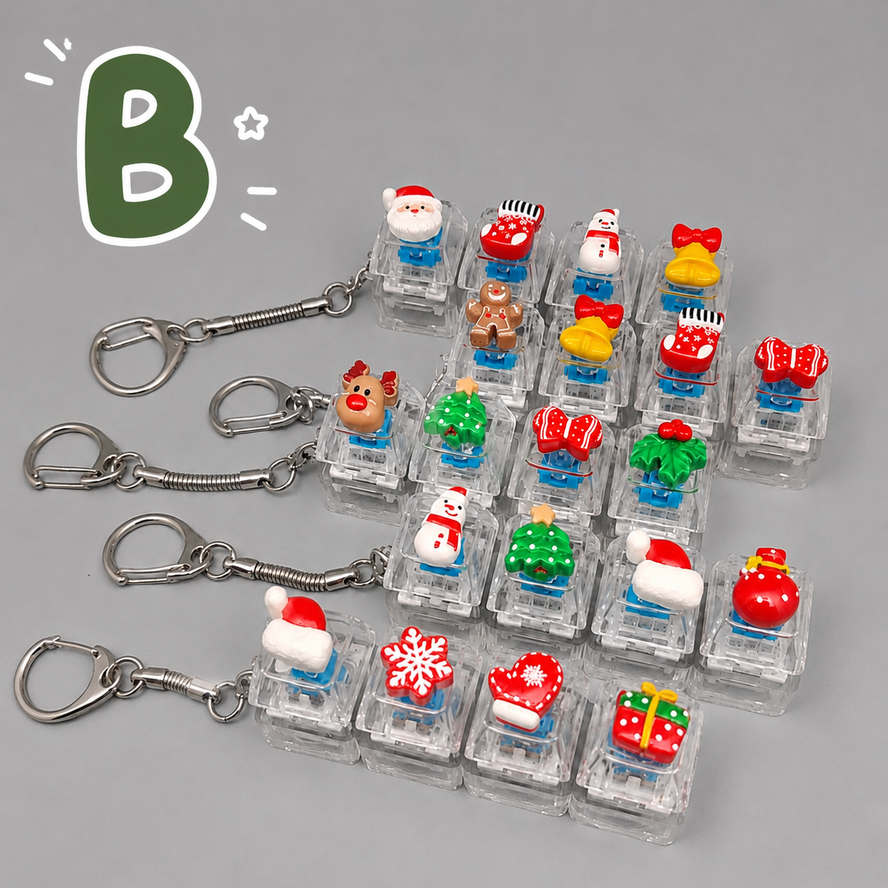 Christmas Fidget Keychain, 4-Key Pressing Stress Relief Keychain with Cute Holiday Charms