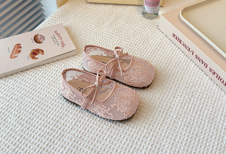 Girls Lace Bow Ballet Flats – Elastic Strap Dress Shoes & Backless Slippers