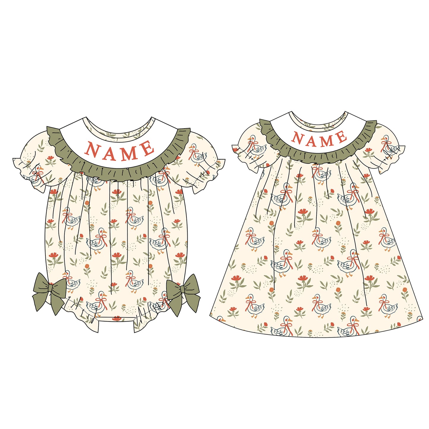Girls Custom Name Embroidery Smock Silly Goose Dress & Bubble