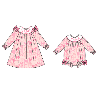 Girls Fall Custom Name Embroidery Smock Pink Bow Dress & Bubble