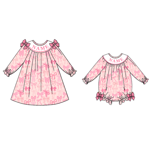 Girls Fall Custom Name Embroidery Smock Pink Bow Dress & Bubble