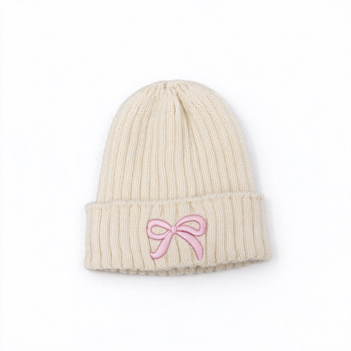 Girls Bow Embroidered Knit Beanie – Ribbed Cuffed Winter Hat, Ages 3–10