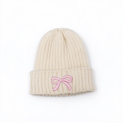 Girls Bow Embroidered Knit Beanie – Ribbed Cuffed Winter Hat, Ages 3–10