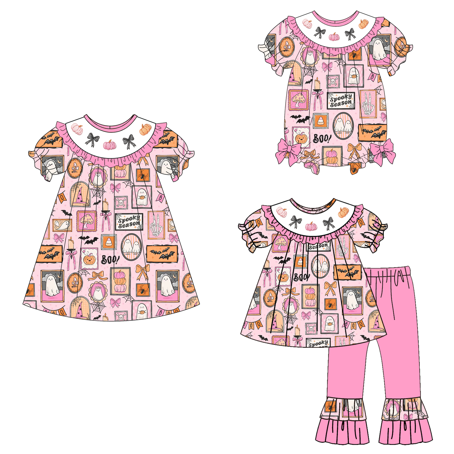 Pink Halloween Boutique Collection | Ghost & Pumpkin Dress, Bubble Romper & Ruffle Bell Bottom Set | Boutique Fall Outfits for Girls