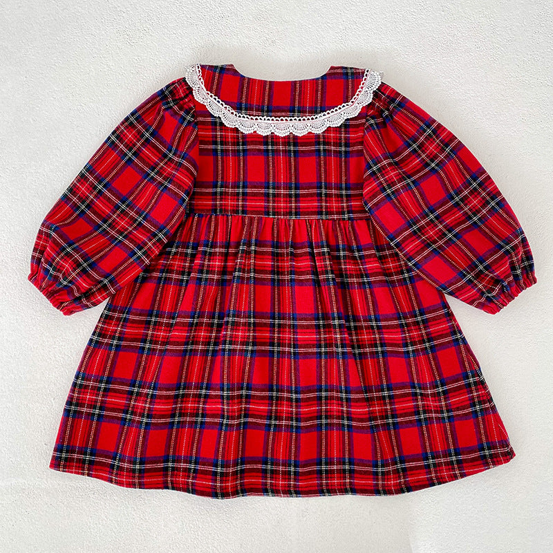 Christmas Red Plaid Girls Dress & Baby Romper – Cotton Long Sleeve Sister Matching Outfit