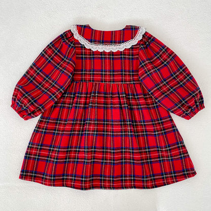 Christmas Red Plaid Girls Dress & Baby Romper – Cotton Long Sleeve Sister Matching Outfit