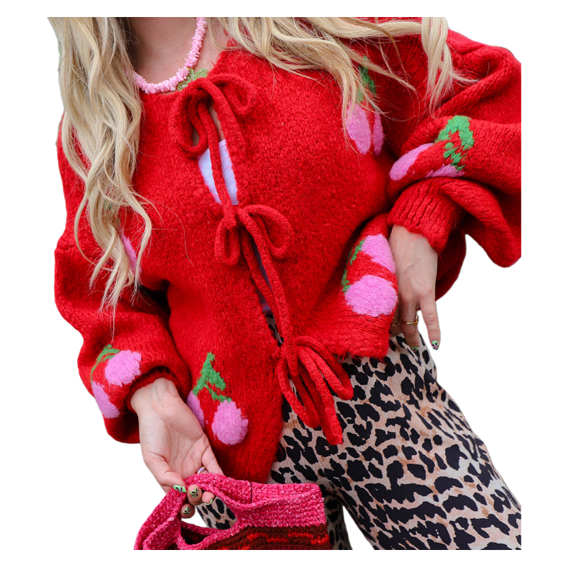 2026 Spring Cherry Embroidered Jacquard Knit Cardigan with Tie Front for Women