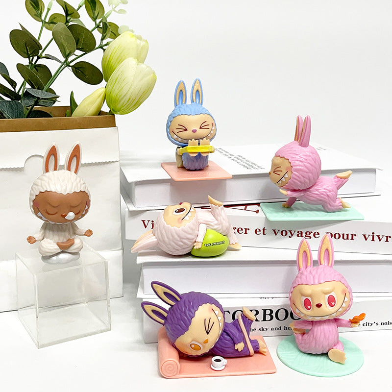 Labubu Yoga Flocked Vinyl Figure Collectible Toy Blind Box Surprise Trendy Desk Decor 6Pcs